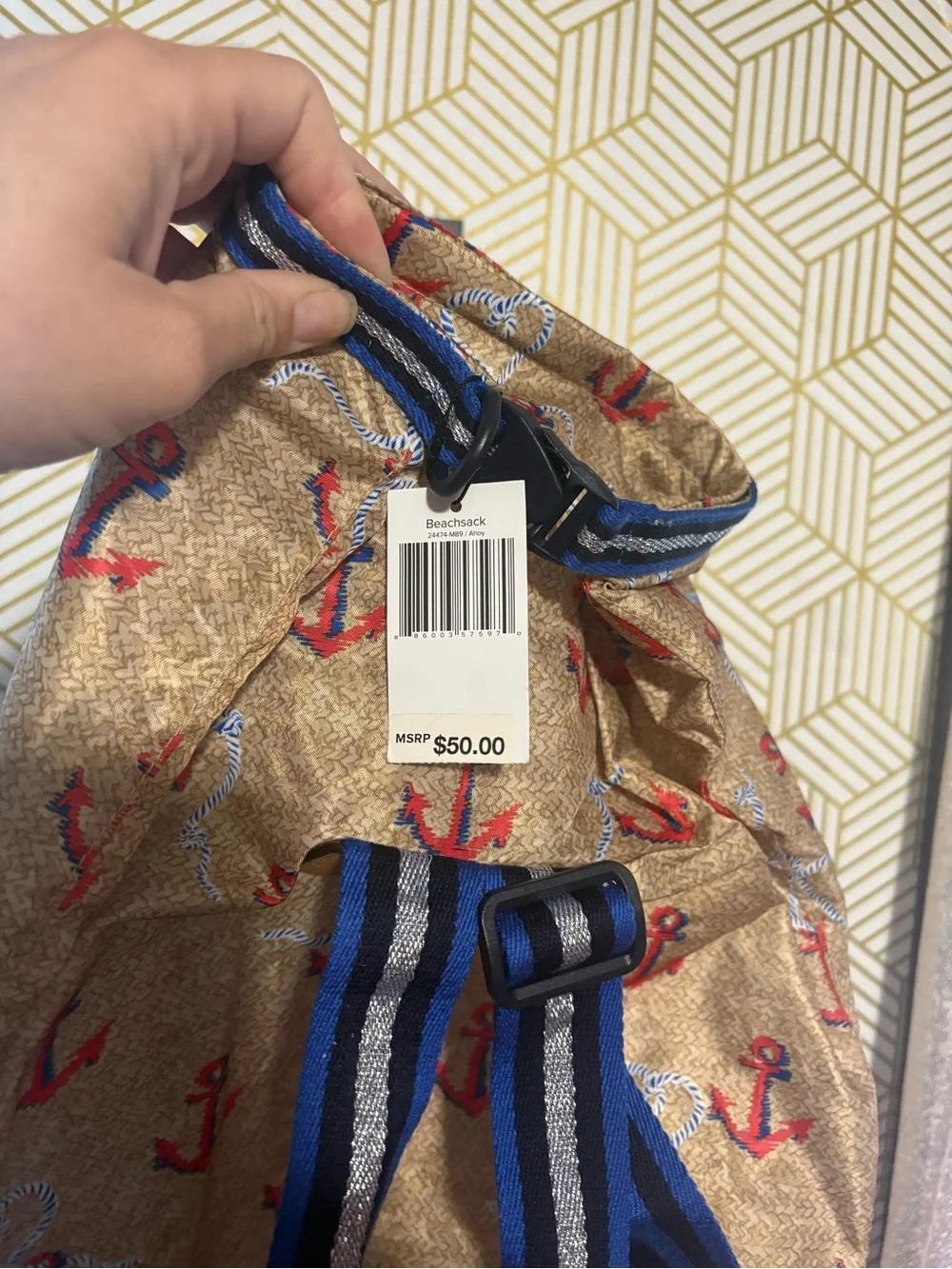 Vera Bradley Tan Anchor Print Backpack with Blue-Striped Straps